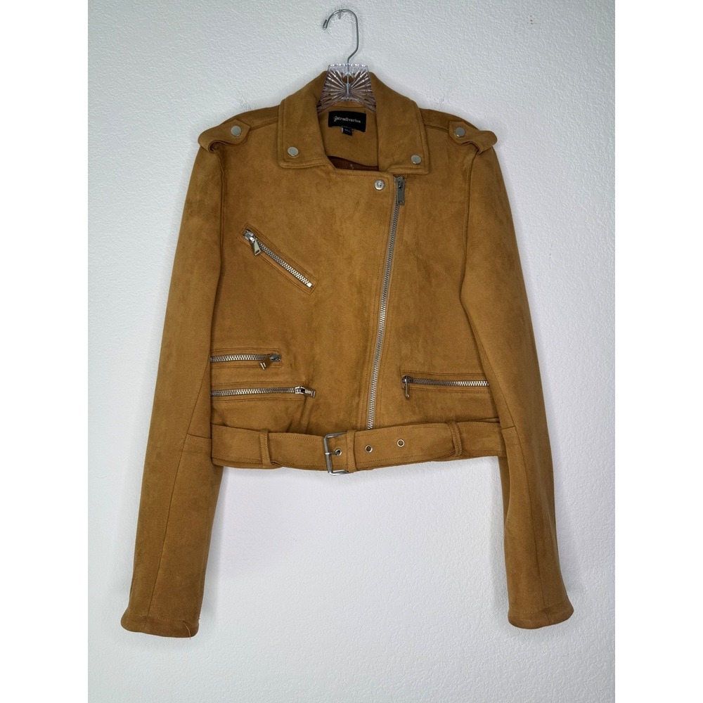 Stradivarius Womens Faux Suede Biker Jacket Camel Tan Cropped Moto Large